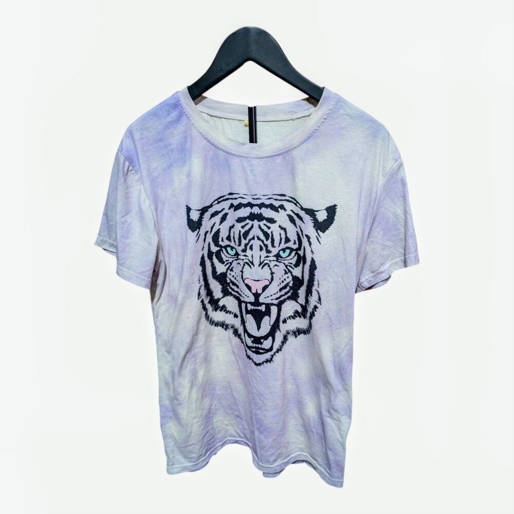 Women’s Large Purple Tie Dye Tiger Graphic T Shirt Short Sleeve Casual Tee - Picture 2 of 6